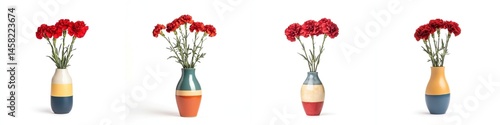 Obraz na płótnie A bunch of red carnations in a colorful vase, isolate on white background. Collection. w salonie