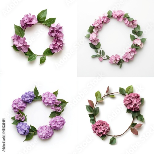 Obraz na płótnie Pink hydrangeas arranged in a wreath frame, isolate on white background. Collection. w salonie