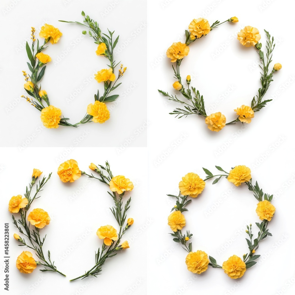 Yellow carnations arranged in a wreath frame, isolate on white background. Collection.
