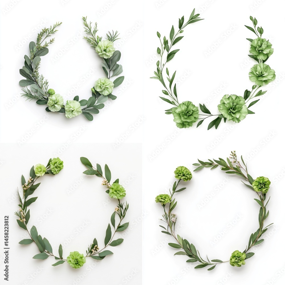 Green carnations arranged in a wreath frame, isolate on white background. Collection.