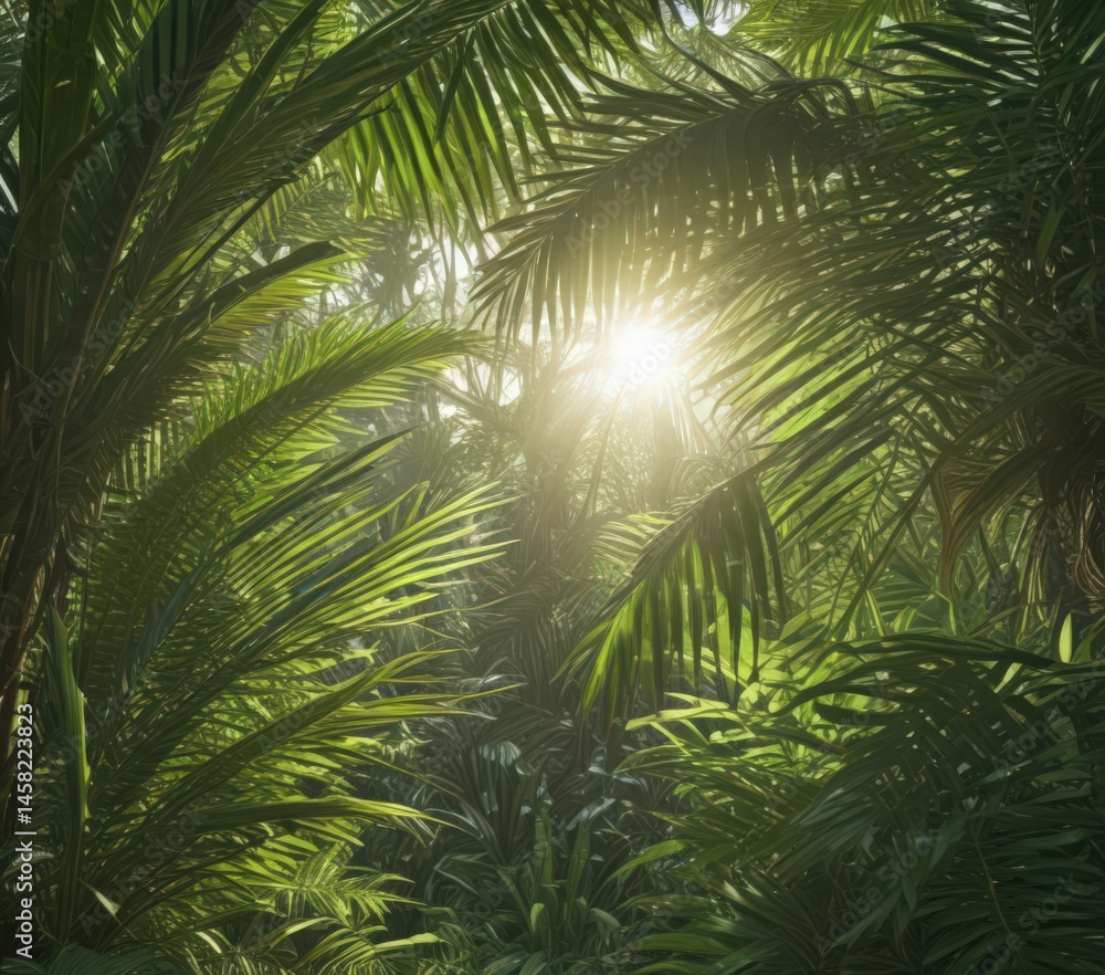 Naklejka premium Vibrant green palm fronds, sunlight dappled, lush textures , holiday, leaves pattern, summer