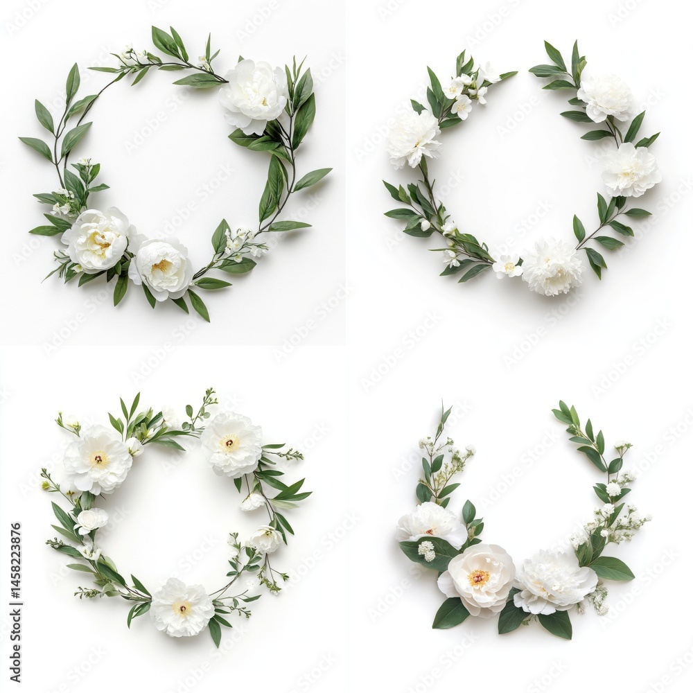 White peonies arranged in a wreath frame, isolate on white background. Collection.