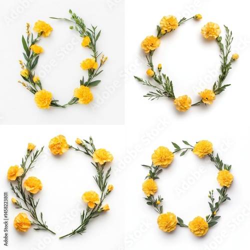 Yellow carnations arranged in a wreath frame, isolate on white background. Collection.
