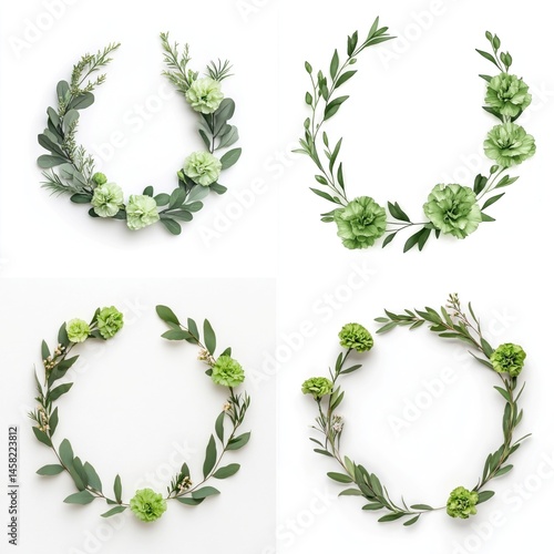 Obraz na płótnie Green carnations arranged in a wreath frame, isolate on white background. Collection. w salonie