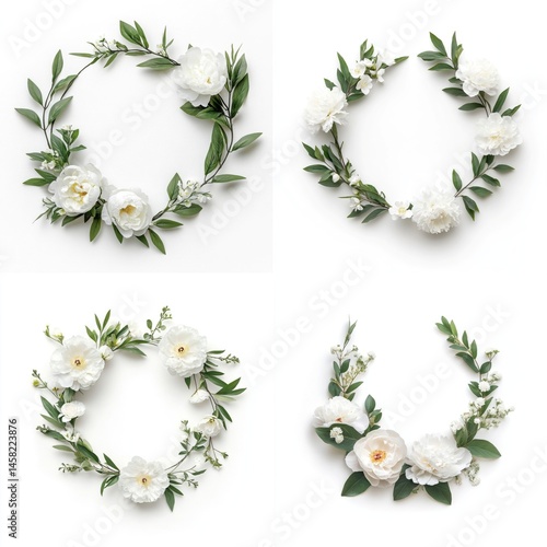 Obraz na płótnie White peonies arranged in a wreath frame, isolate on white background. Collection. w salonie