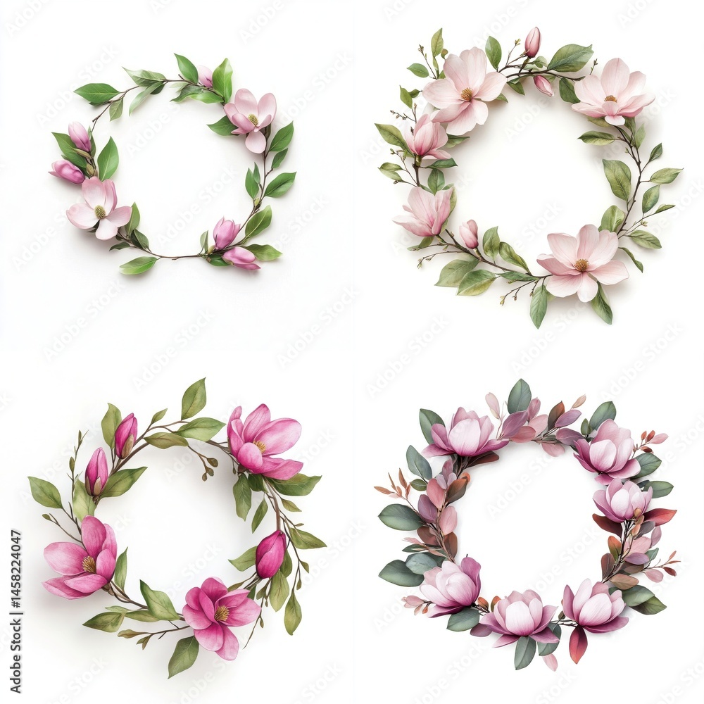 Decorative wreath frame adorned with soft magnolia petals, isolate on white background. Collection.