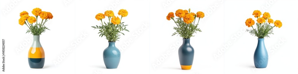 A colorful bunch of marigolds in a vibrant vase, isolate on white background. Collection.