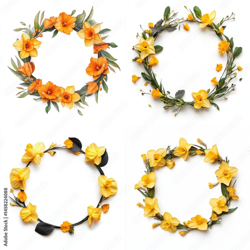 A festive wreath frame adorned with radiant daffodil petals, isolate on white background. Collection.