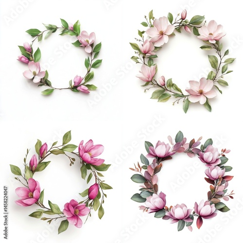 Obraz na płótnie Decorative wreath frame adorned with soft magnolia petals, isolate on white background. Collection. w salonie