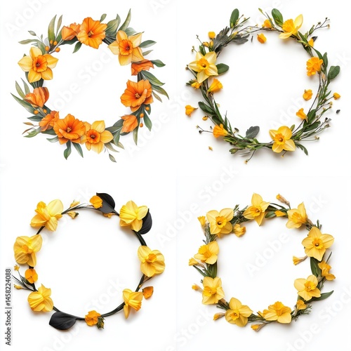 Obraz na płótnie A festive wreath frame adorned with radiant daffodil petals, isolate on white background. Collection. w salonie