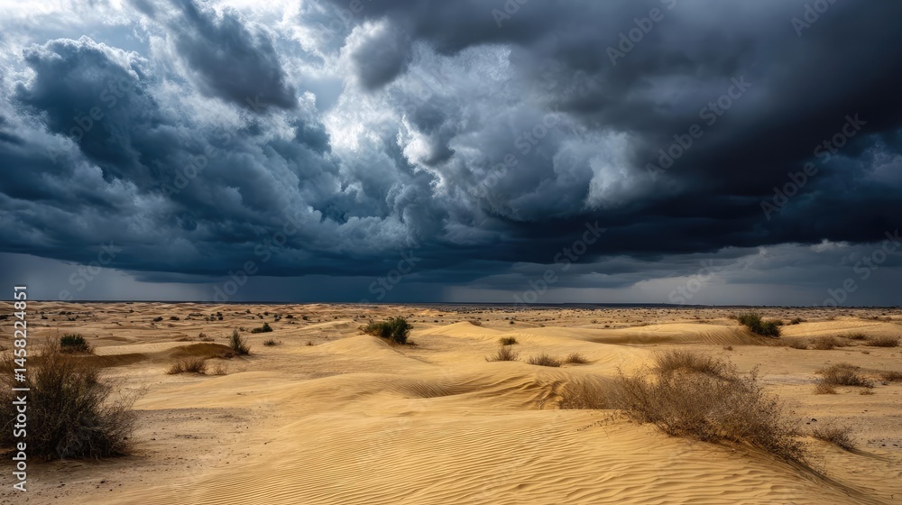 Panorama sand storm with dark clouds above arid dunes concept. Dramatic desert landscape with dark storm clouds overhead.