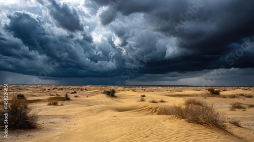 Obraz na płótnie Panorama sand storm with dark clouds above arid dunes concept. Dramatic desert landscape with dark storm clouds overhead. w salonie