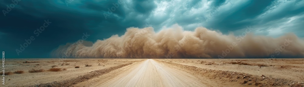 Panorama sand storm above dry dune with huge dust cloud concept. A dramatic dust storm approaches on a remote desert road.