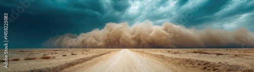 Obraz na płótnie Panorama sand storm above dry dune with huge dust cloud concept. A dramatic dust storm approaches on a remote desert road. w salonie