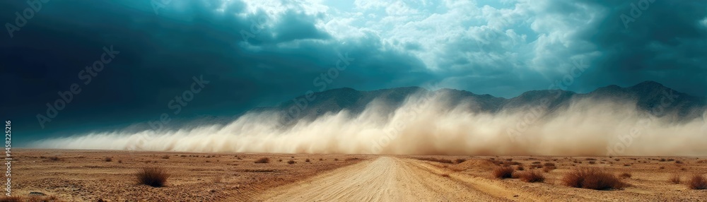 Panorama sand storm above dry dune with huge dust cloud concept. Dramatic desert landscape with swirling dust and dark clouds.