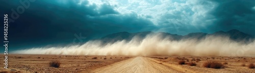 Panorama sand storm above dry dune with huge dust cloud concept. Dramatic desert landscape with swirling dust and dark clouds.