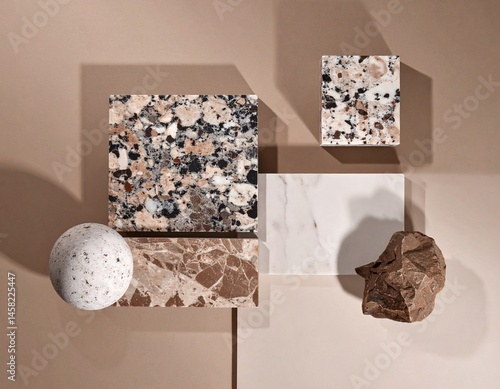 geometric concrete design mood board with concrete tiles color palette texture color pantone 2025 mocha mousse copy space	