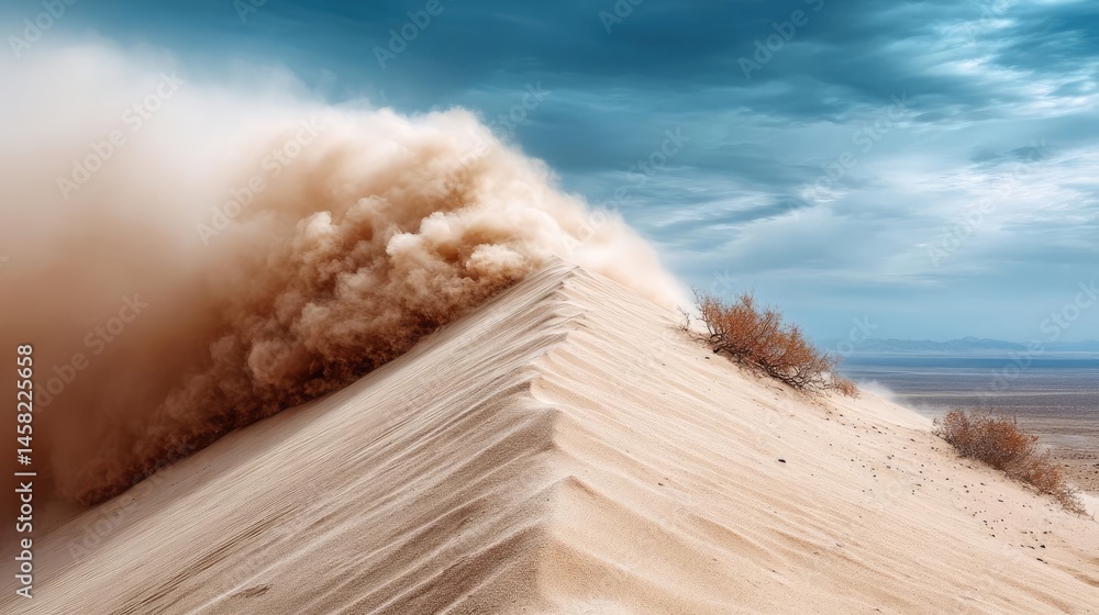 Panorama sand storm over huge dune with powerful wind wave concept. A majestic sand dune with swirling dust and dramatic skies above.