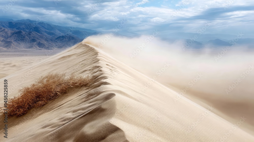Panorama sand storm over huge dune with powerful wind wave concept. A stunning desert landscape with rolling sand dunes and clouds.