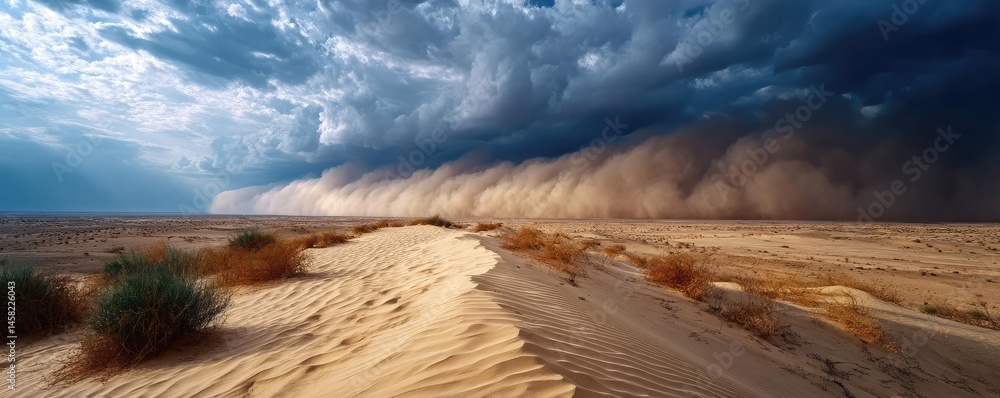 Panorama sand storm above dry dune with huge dust cloud concept. A dramatic dust storm approaches over vast sandy terrain.