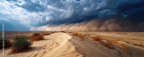Obraz na płótnie Panorama sand storm above dry dune with huge dust cloud concept. A dramatic dust storm approaches over vast sandy terrain. w salonie