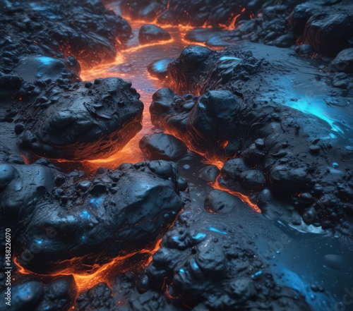 Intense blue lava stone, abstract river-like texture, mysterious depth ,  nature,  illustration