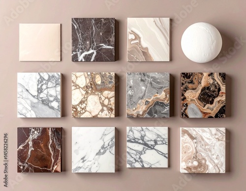 geometric concrete design mood board with concrete tiles color palette texture color pantone 2025 mocha mousse copy space	