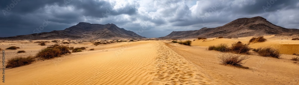 Panorama sand storm over huge dune with powerful wind wave concept. Stunning desert landscape with sand dunes and dramatic clouds.
