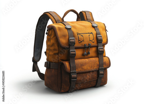 High-quality hyper-realistic image of a rugged leather knapsack isolated on white background with detailed stitching and buckles ideal for travel and outdoor adventure
