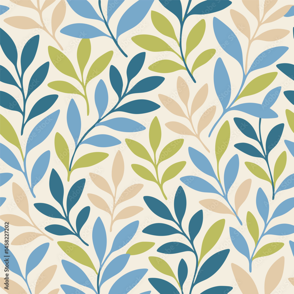 Seamless vector pattern featuring stylized branches with leaves in blue, green, and beige hues on a light background. Simple, elegant botanical illustration for wallpaper, fabric, or backgrounds Seamless vector pattern featuring stylized branches with leaves in blue, green, and beige hues on a light background. Simple, elegant botanical illustration for wallpaper, fabric, or backgrounds