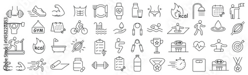 Line Art Icon Set for Training weightlifting running muscle stopwatch water bottle nutrition calories swimming yoga gym cycling treadmill heart rate trophy stretching dumbbell fitness exercise