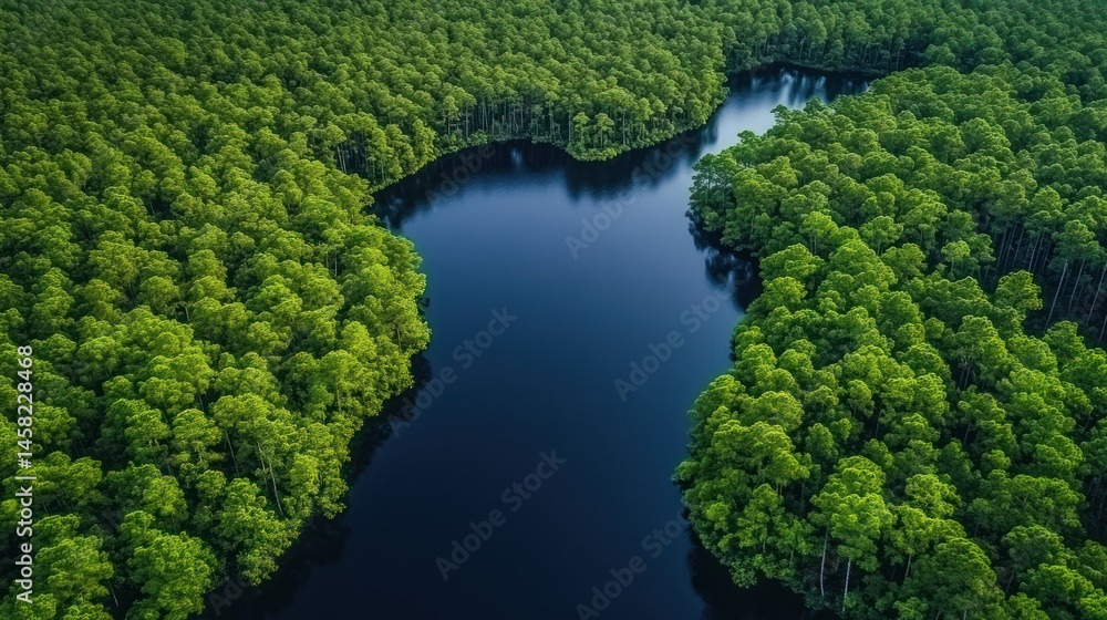 Aerial view of a winding river flowing through a lush green forest Aerial view of a winding river flowing through a lush green forest