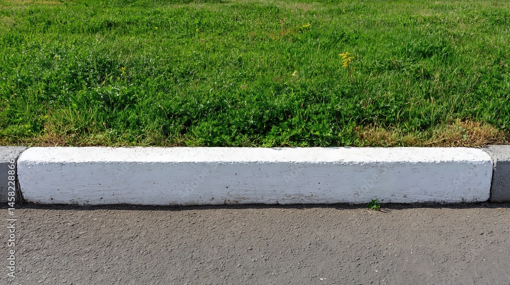 Fototapeta premium A clean white-painted concrete curb outlines the road, separating asphalt from green grass in a landscaped urban park. 