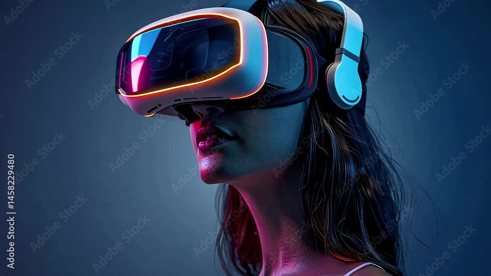 The individual is fully engaged in a virtual reality experience, wearing a futuristic headset that emits colorful lights, reflecting an immersive technology environment. The individual is fully engaged in a virtual reality experience, wearing a futuristic headset that emits colorful lights, reflecting an immersive technology environment.