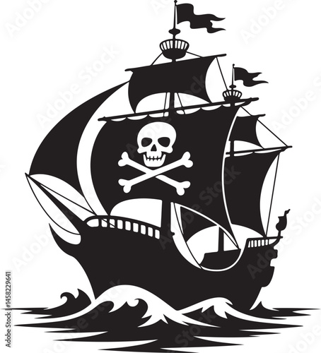 Pirate Ship Silhouette Vector Illustration of Skull Flag Vessel on Ocean Waves Perfect for Adventure, Fantasy, and Nautical Themes