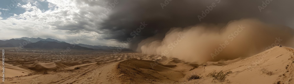 Panorama sand storm over huge dune with powerful wind wave concept. Dramatic dust storm sweeps across the desert landscape.