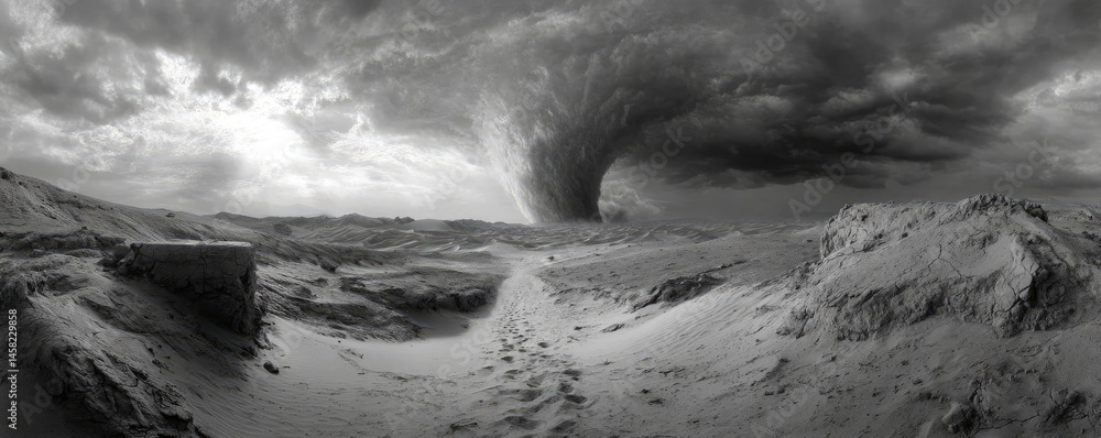 Panorama sand storm above dry dune with huge dust cloud concept. Dramatic landscape showing a storm in a barren terrain.