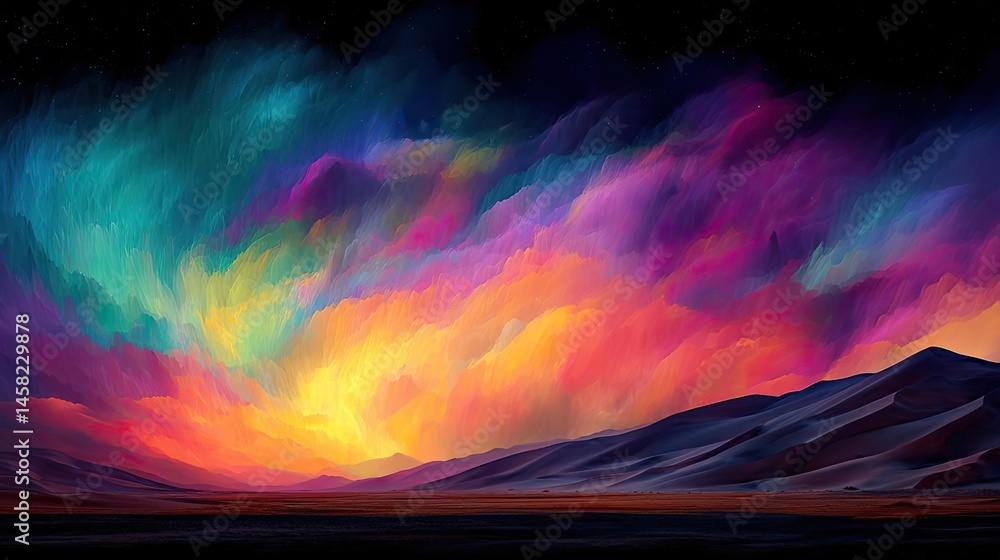 Panorama sand storm above dry dune with huge dust cloud concept. Vibrant, colorful landscape depicting an abstract sunset.