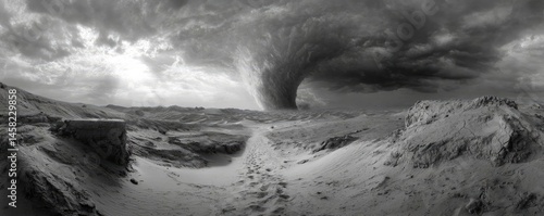 Obraz na płótnie Panorama sand storm above dry dune with huge dust cloud concept. Dramatic landscape showing a storm in a barren terrain. w salonie