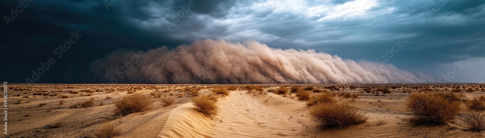 Panorama sand storm above dry dune with huge dust cloud concept. A dramatic desert landscape with a powerful dust storm approaching.