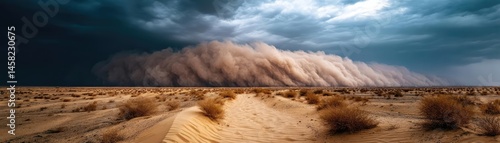 Obraz na płótnie Panorama sand storm above dry dune with huge dust cloud concept. A dramatic desert landscape with a powerful dust storm approaching. w salonie