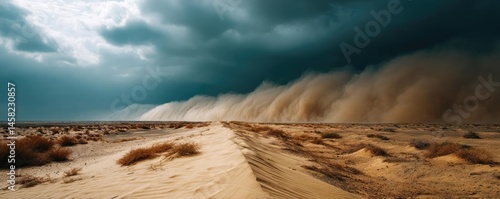 Obraz na płótnie Panorama sand storm with dark clouds above arid dunes concept. A dramatic sandstorm enveloping the desert landscape. w salonie