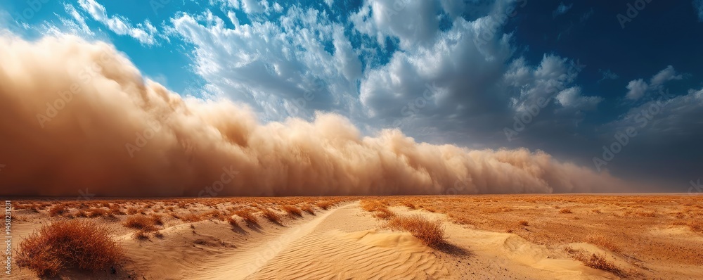 Panorama sand storm above dry dune with huge dust cloud concept. A dramatic desert scene with a sandstorm approaching on the horizon.