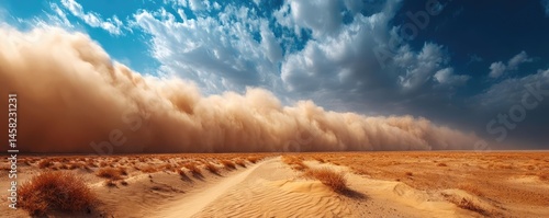 Obraz na płótnie Panorama sand storm above dry dune with huge dust cloud concept. A dramatic desert scene with a sandstorm approaching on the horizon. w salonie