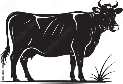 Cow Silhouette Vector Standing on Grass for Farm Animal Design, Agriculture Graphics, Dairy Products