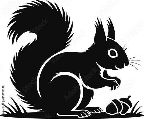 Squirrel Silhouette Vector Illustration with Acorn and Grass for Nature Art, Wildlife Graphics, Forest-Themed Designs, and Eco Crafts