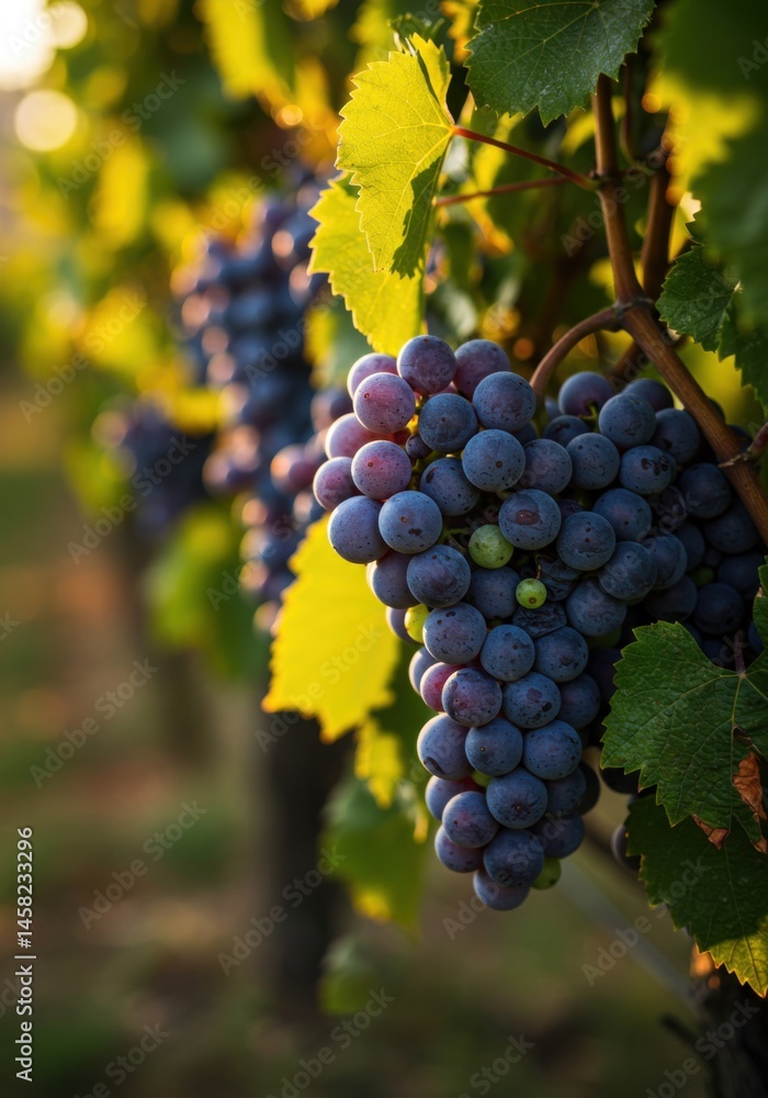 Obraz premium Close-up of a ripe purple grape cluster on the vine with sunlight shining through green leaves