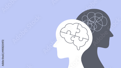 Two silhouettes of human heads, one with a brain puzzle and the other with tangled lines, symbolizing mental organization, discipline and focus. 