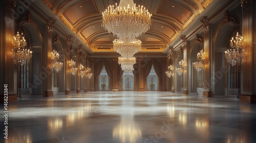 Elegant ballroom with a grand chandelier illuminated by sunlight