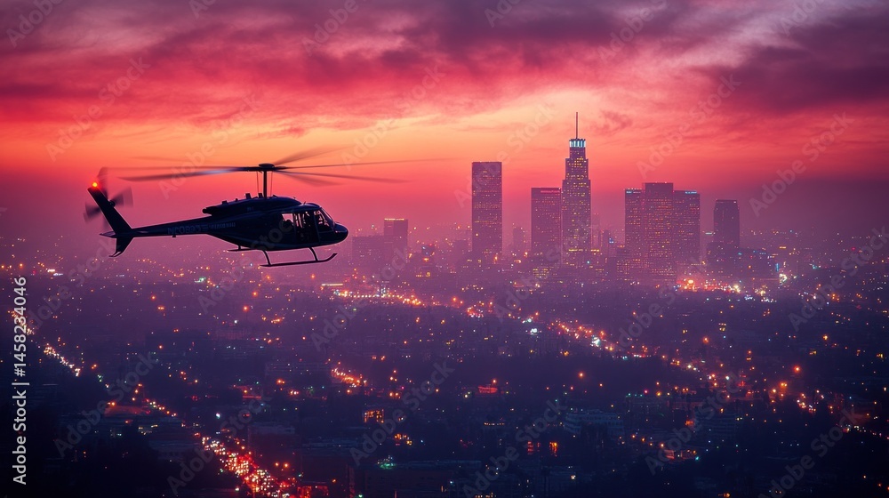 Fototapeta premium Helicopter Soaring Over Los Angeles at Sunset